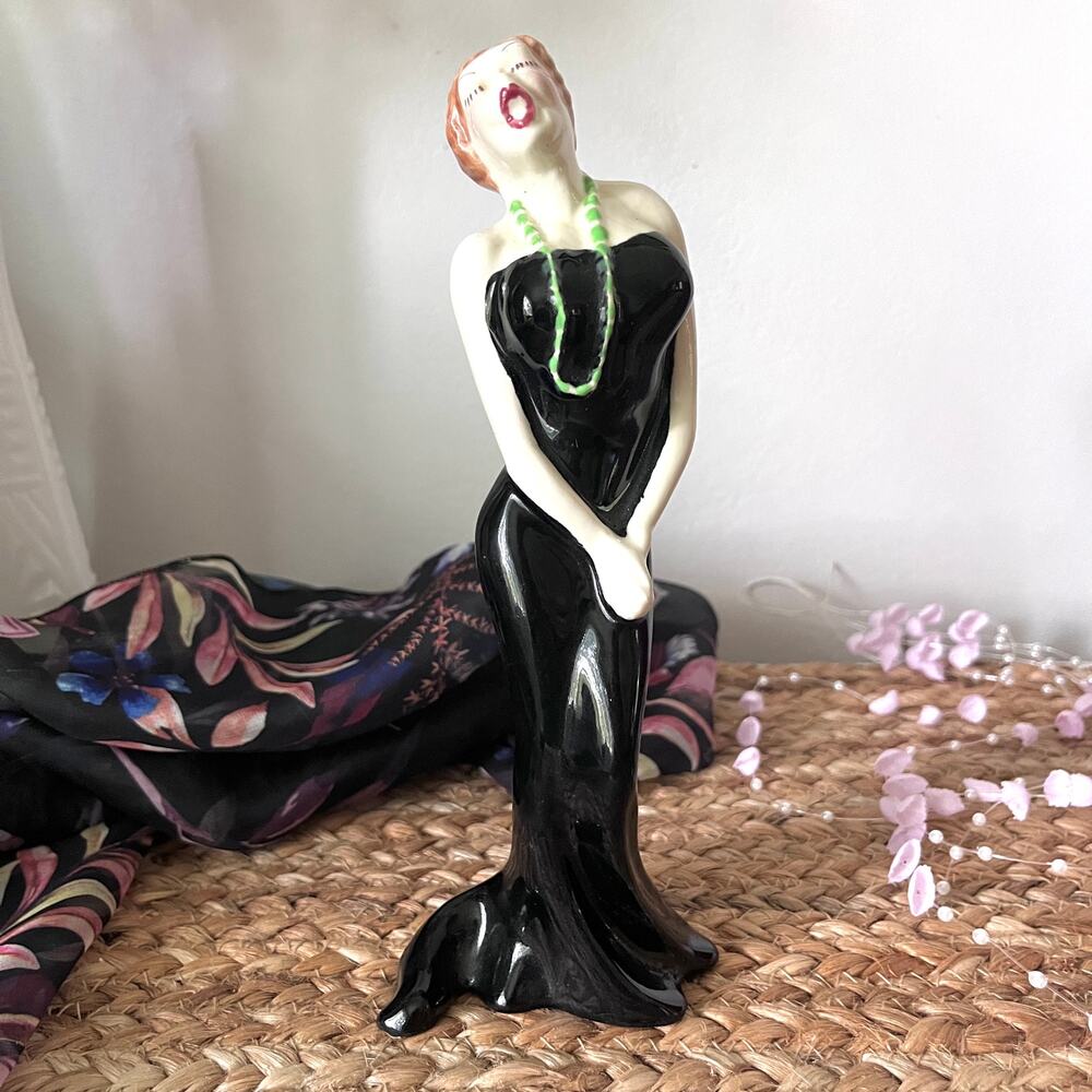Vintage Art Deco Style Ceramic Singing Woman Figurine Black Dress Green Necklace